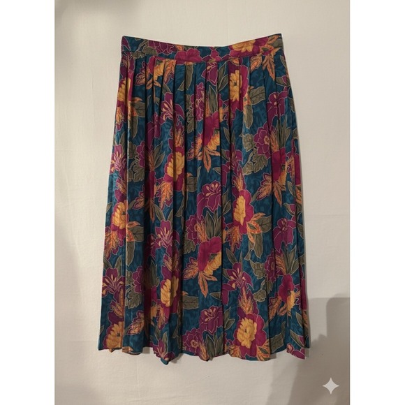 Alfred Dunner Vtg Floral Pleated Midi Skirt Teal Burgundy Yellow Sz 18 Flowy - Picture 2 of 4